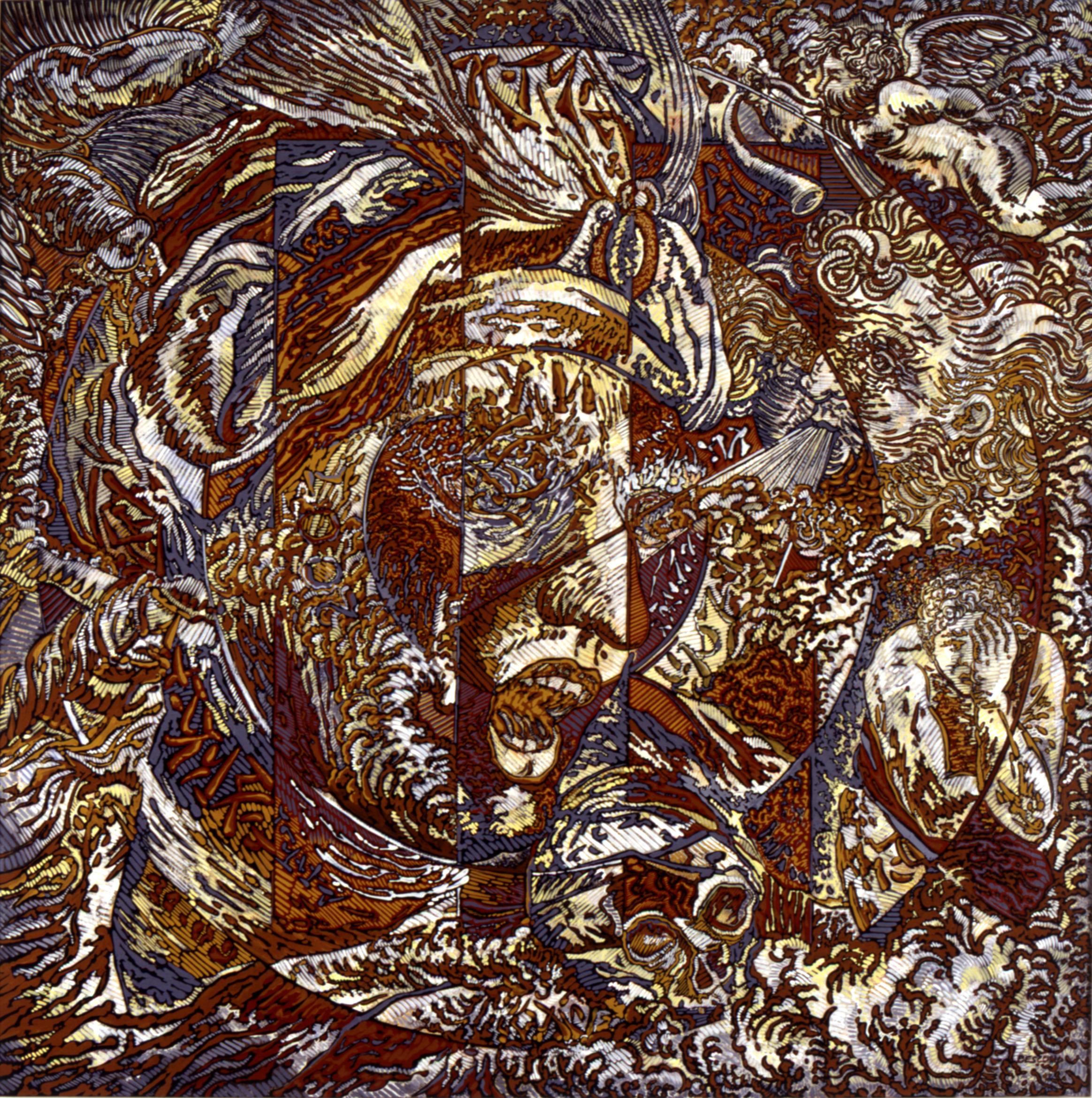 Béatrice Bescond Abstract Painting – N.Y., Mythologische Figur und Engel Großes quadratisches Brown-Weiß-Acrylgemälde