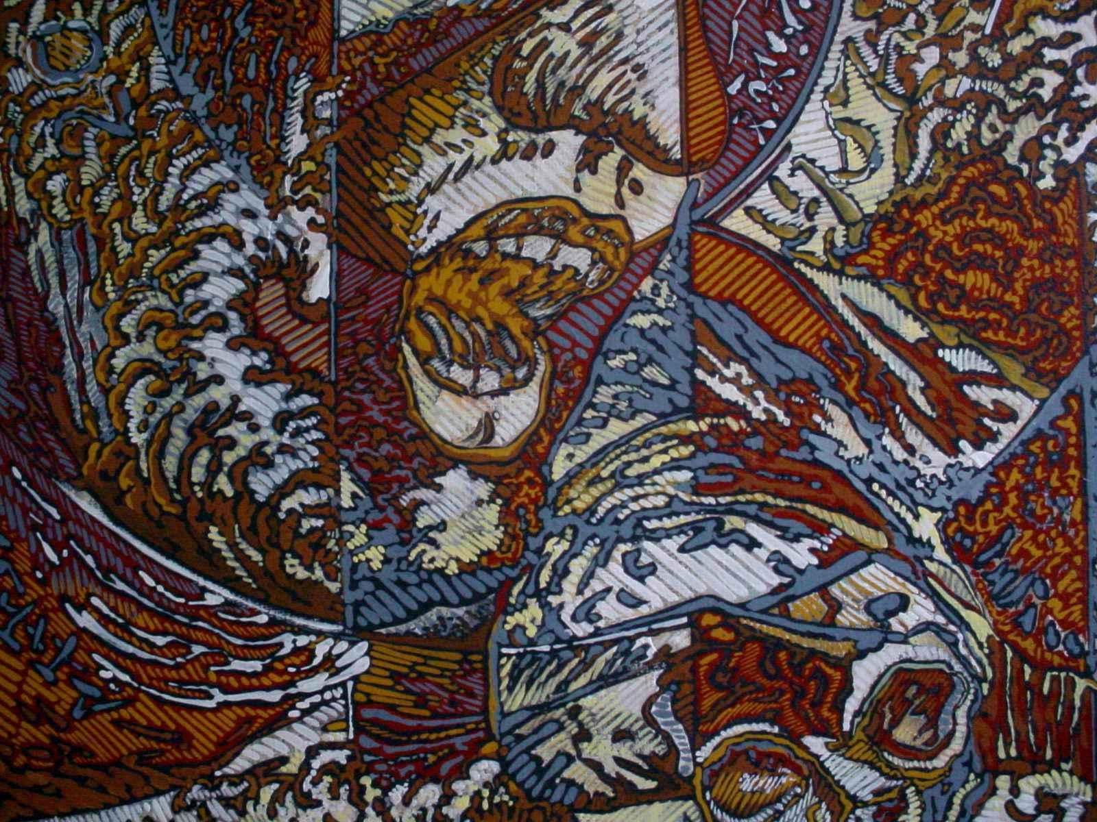 N.Y., Mythologische Figur und Engel Großes quadratisches Brown-Weiß-Acrylgemälde (Sonstige Kunststile), Painting, von Béatrice Bescond