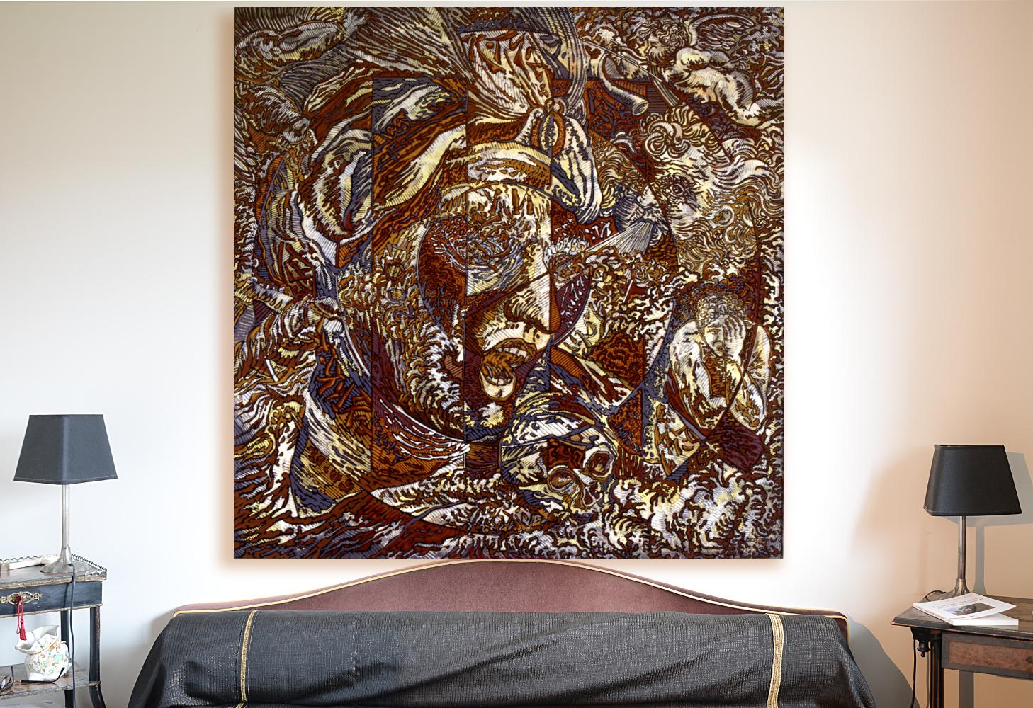 N.Y., Mythologische Figur und Engel Großes quadratisches Brown-Weiß-Acrylgemälde (Braun), Abstract Painting, von Béatrice Bescond