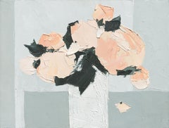Peinture à l'huile « Tenderness »:: fleurs rose pâle et feuilles noires dans un bouquet blanc