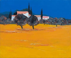 "L'Amleto", pittura ad olio di case con tetto rosa, campo giallo vivo e cielo blu intenso