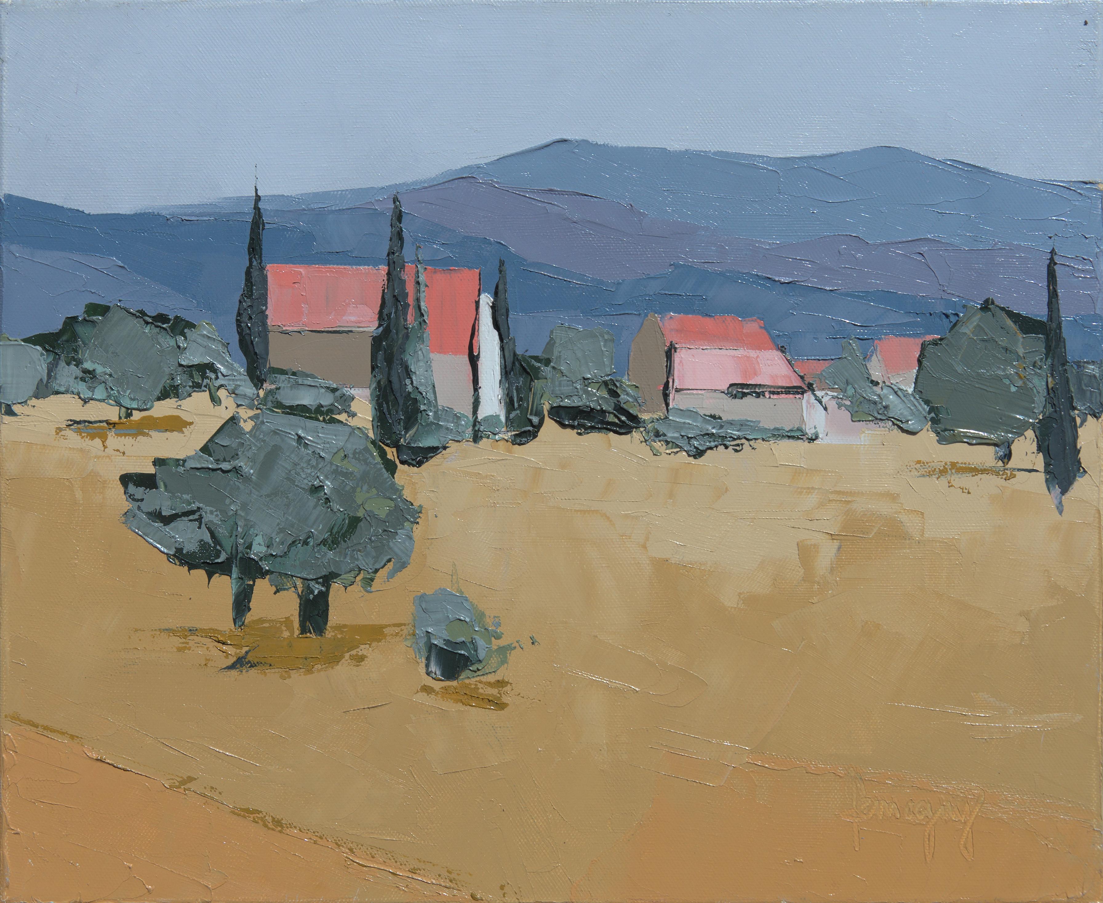 Marcel Demagny Landscape Painting - "Provence", Simple Field, Pink-Roofed Houses and Mountains Knife Oil Painting