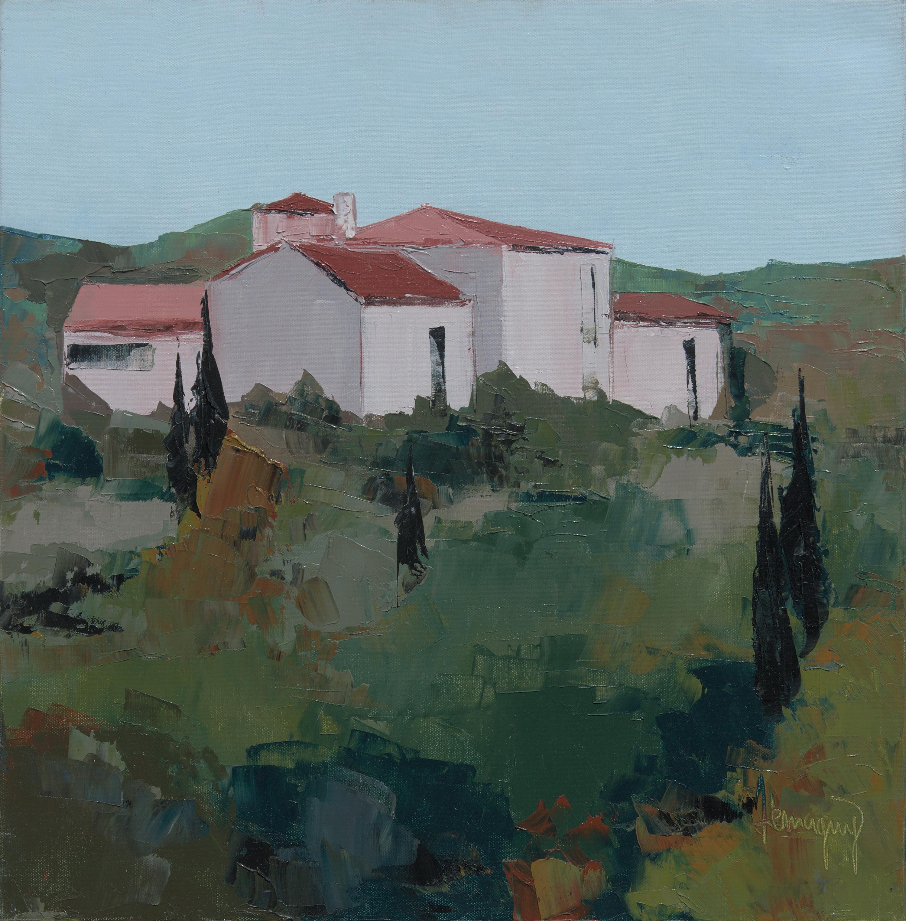 Marcel Demagny Landscape Painting - "The Houses", Red-Roofed Provence Hamlet Squared Landscape Knife Oil Painting