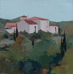 "The Houses", Red-Roofed Provence Hamlet Squared Landscape Knife Oil Painting