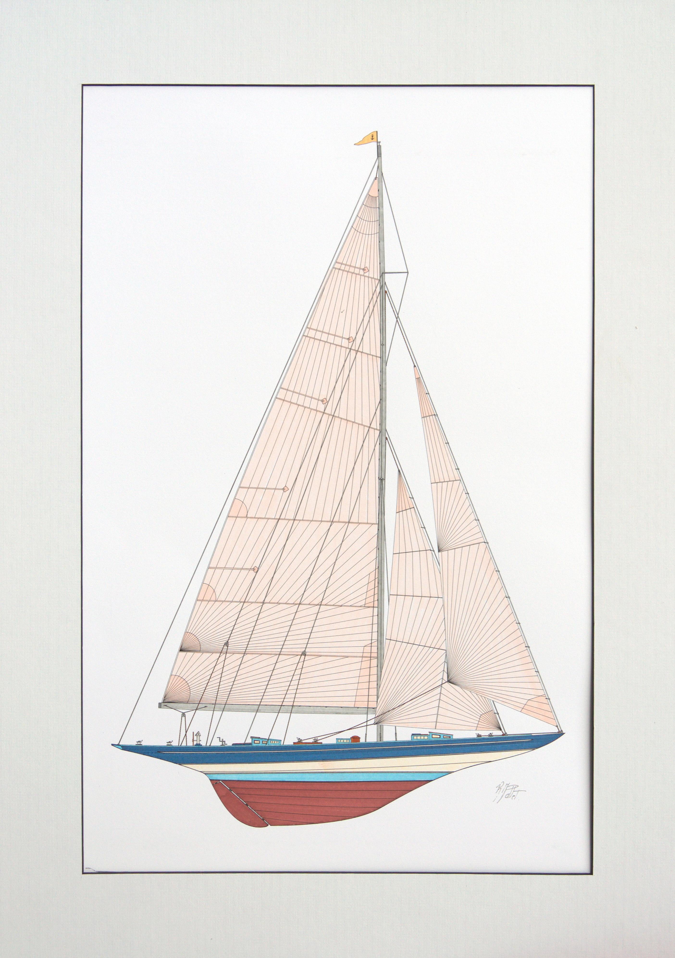 "Ranger", 1937 America's Cup Winner J-Class Racing Yacht Sailboat Ink on Paper