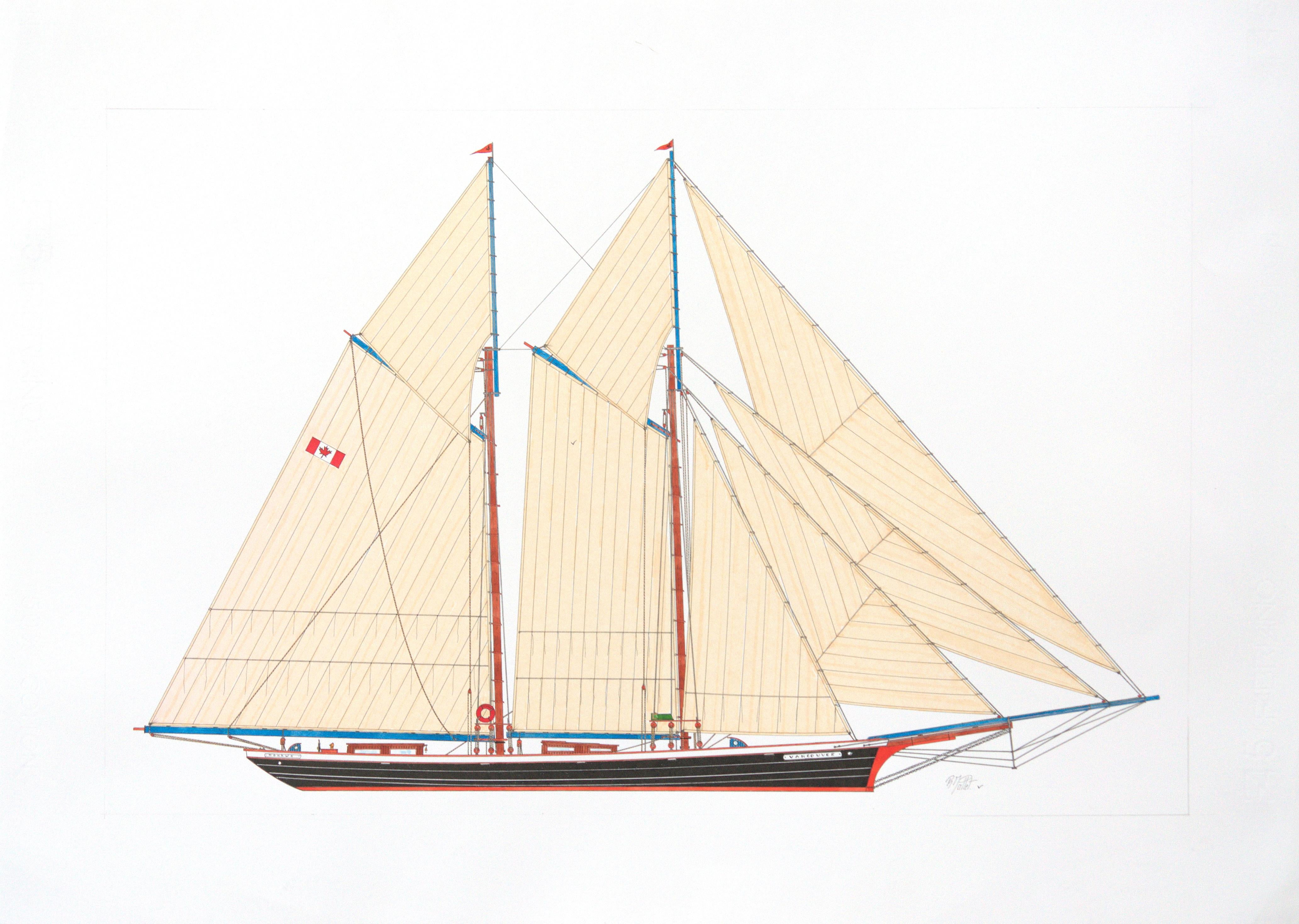 Philippe Mallet Figurative Art – ""Mohawk"", Schwarz-rote kanadische Schooner-Tintenzeichnung in Vollsegelform