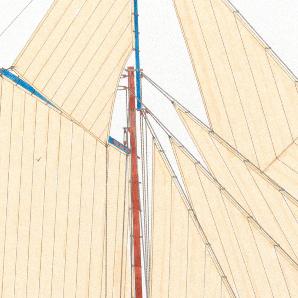 Dieses Kunstwerk stellt einen kanadischen Schoner namens Mohawk dar, der aus Vancouver stammt.  Das Boot hat blaue Ausleger, braune Masten, einen schwarz-weißen Rumpf, roten Kiel und Bug.

Der Künstler kann auf Wunsch auch individuelle Entwürfe