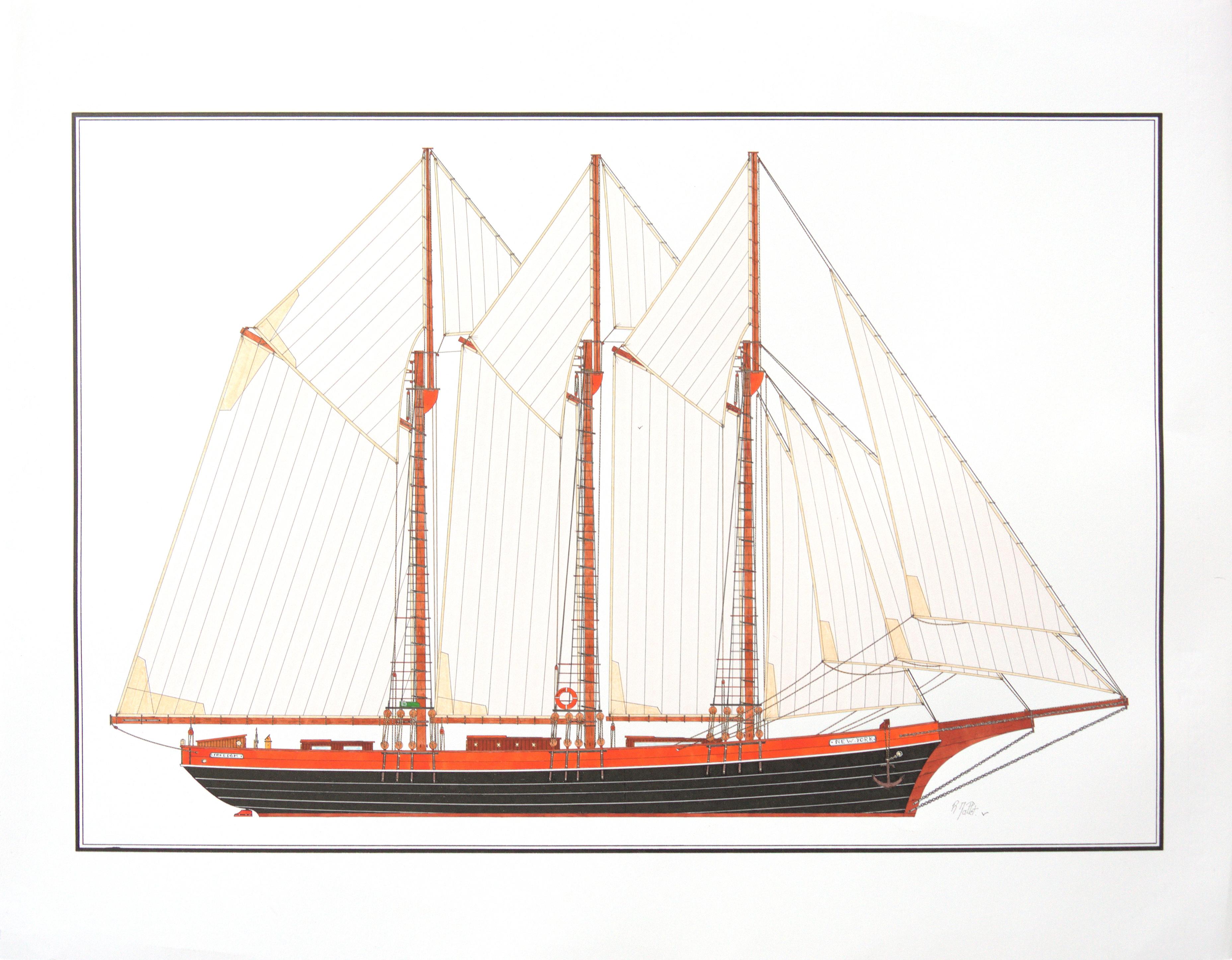 "Freedom", Orange and Black Three-Masted Schooner Ink Drawing