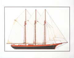 Used "Freedom", Orange and Black Three-Masted Schooner Ink Drawing