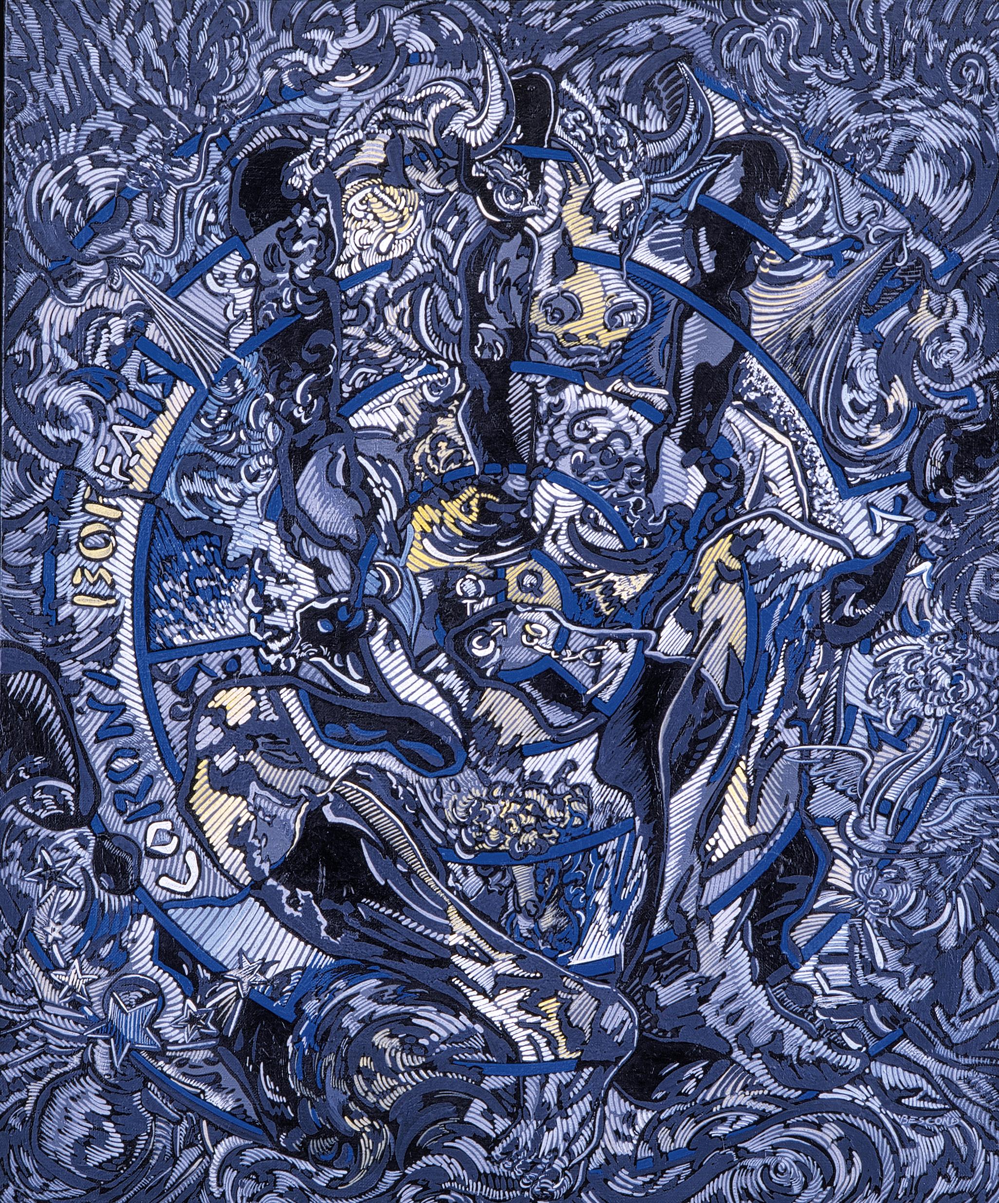 Figurative Painting di Béatrice Bescond - "Corona Boreale", Minotauro seduto blu con mano aperta e angeli soffianti