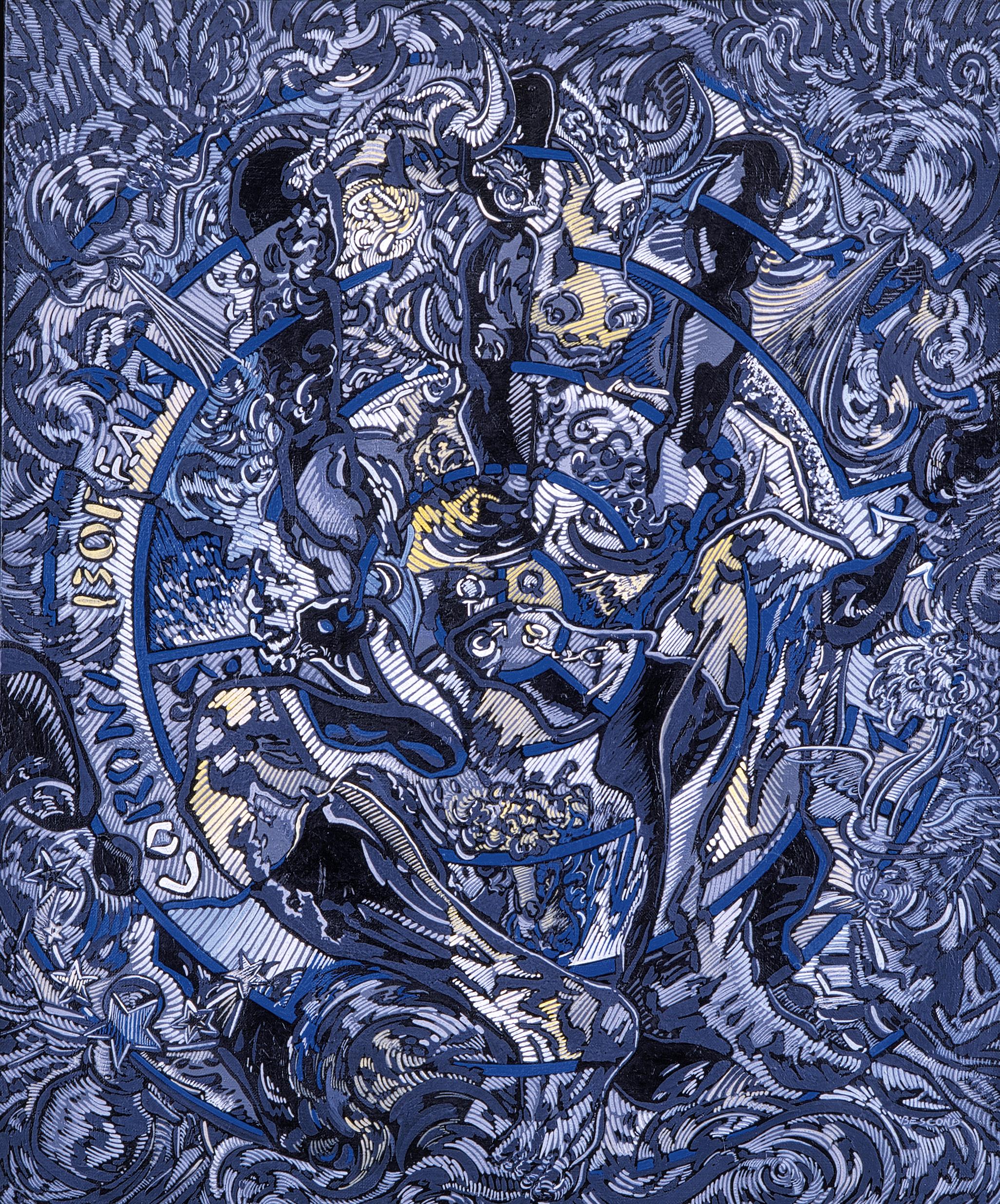 Béatrice Bescond Figurative Painting - "Corona Borealis", Blue Sitted Minotaur Throuh Open Hand and Blowing Angels