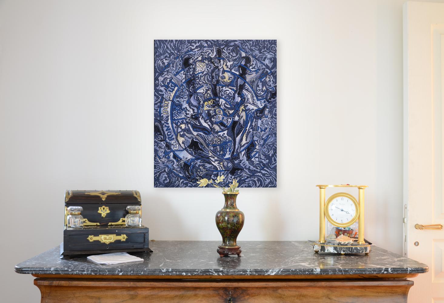 « Corona Borealis », Minotaure bleue assise, main ouverte et anges soufflants - Painting de Béatrice Bescond