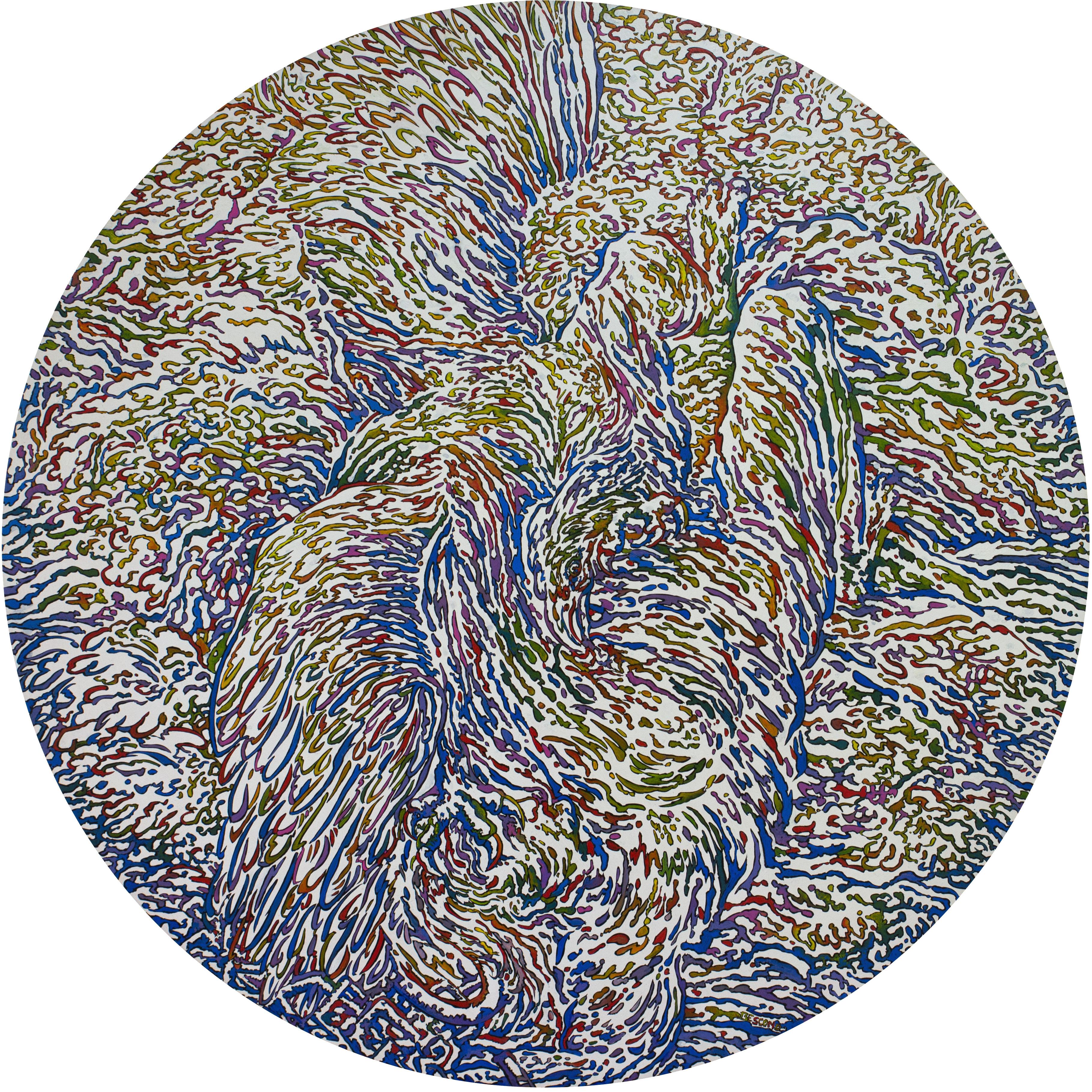 Abstract Painting di Béatrice Bescond - "Prométhée 4", Aquila che divora l'eroe mitologico Pittura acrilica circolare di grandi dimensioni