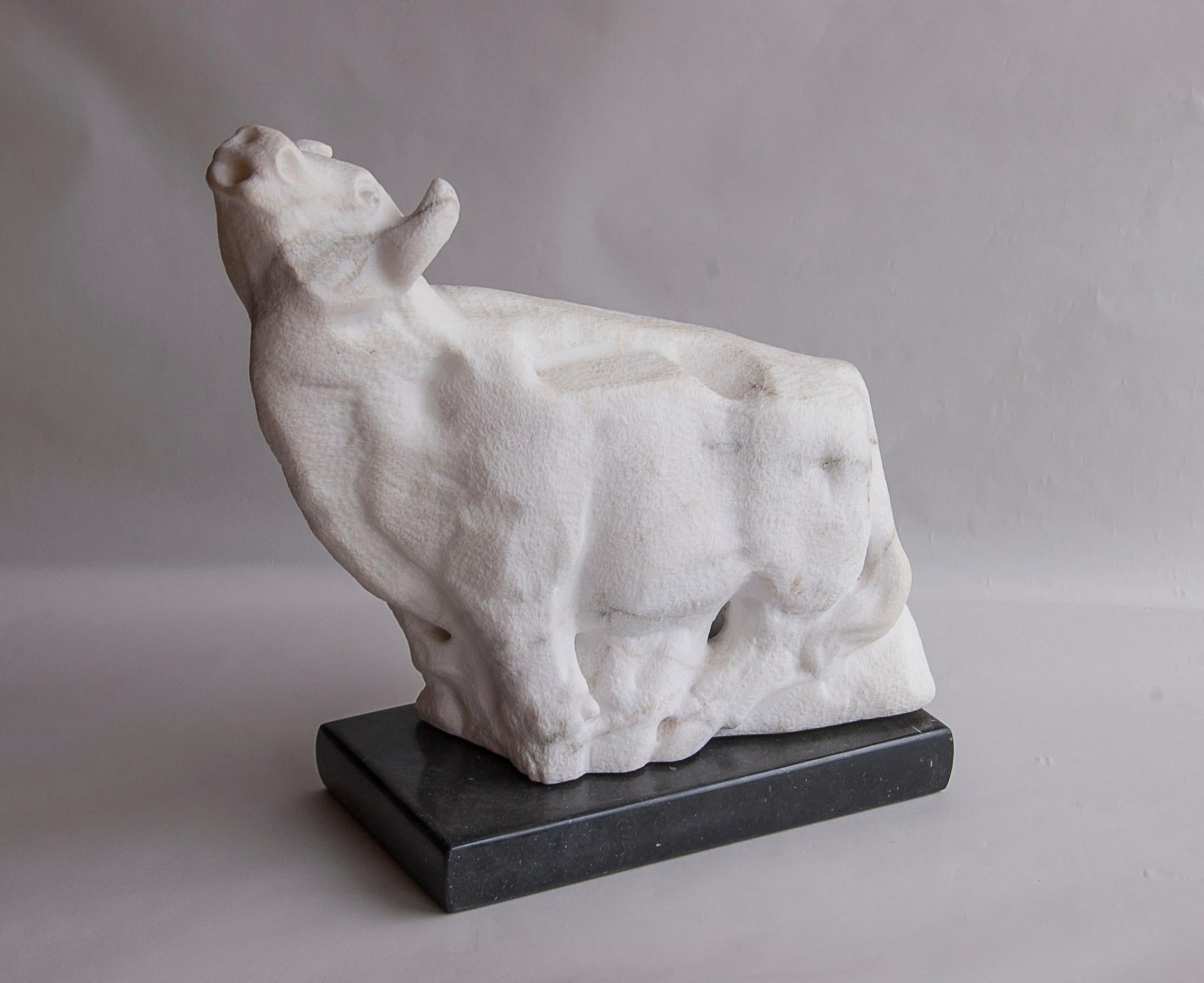 Figurative Skulptur eines schwebenden Stiers aus weißem Carrara-Marmorstein – Sculpture von Lutfi Romhein