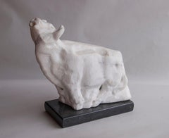 Bellowing Bull, White Carrara Marble Stone Figurative Sculpture