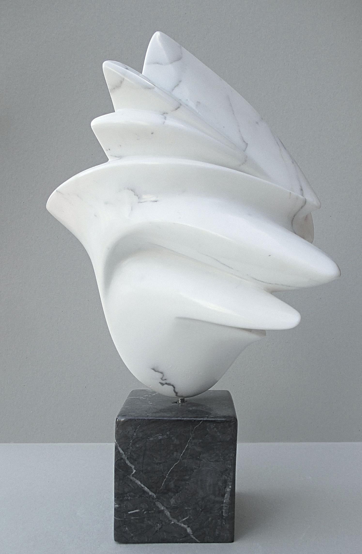 This abstract sculpture in white Carrara marble has a very fine grain which provides a really soft touch.  The white marble body of the sculpture pivots on an axis connecting its large black veined marble base (base dimensions : 15 cm × 13.5 cm ×