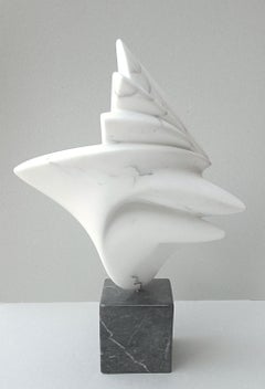 Getaway, Sensual White Carrara Marble Stone Abstract Sculpture on Black Marble