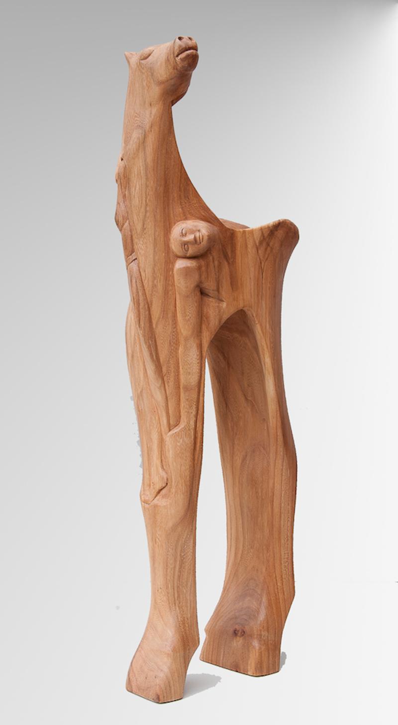 Lutfi Romhein Figurative Sculpture - "Fantastic Ride", Elm Wood Human-Carved Horse Figurative Abstract Sculpture