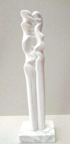 "Fusion", Sensual White Carrara Marble Stone Vertical Abstract Sculpture