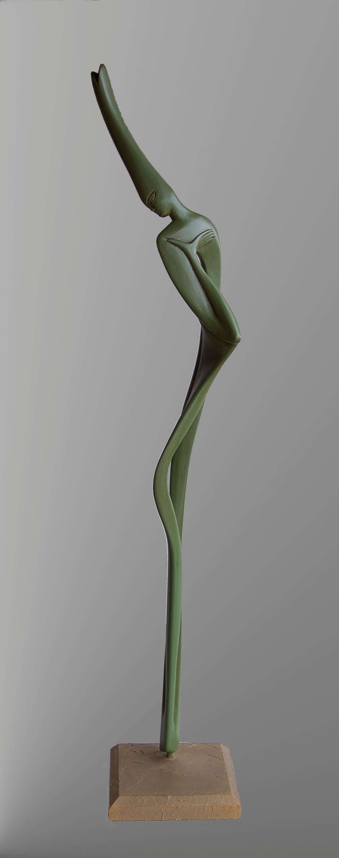 Lutfi Romhein Figurative Sculpture – Liana, Green Sensual Slender Oak Wood Figurative Abstract Sculpture