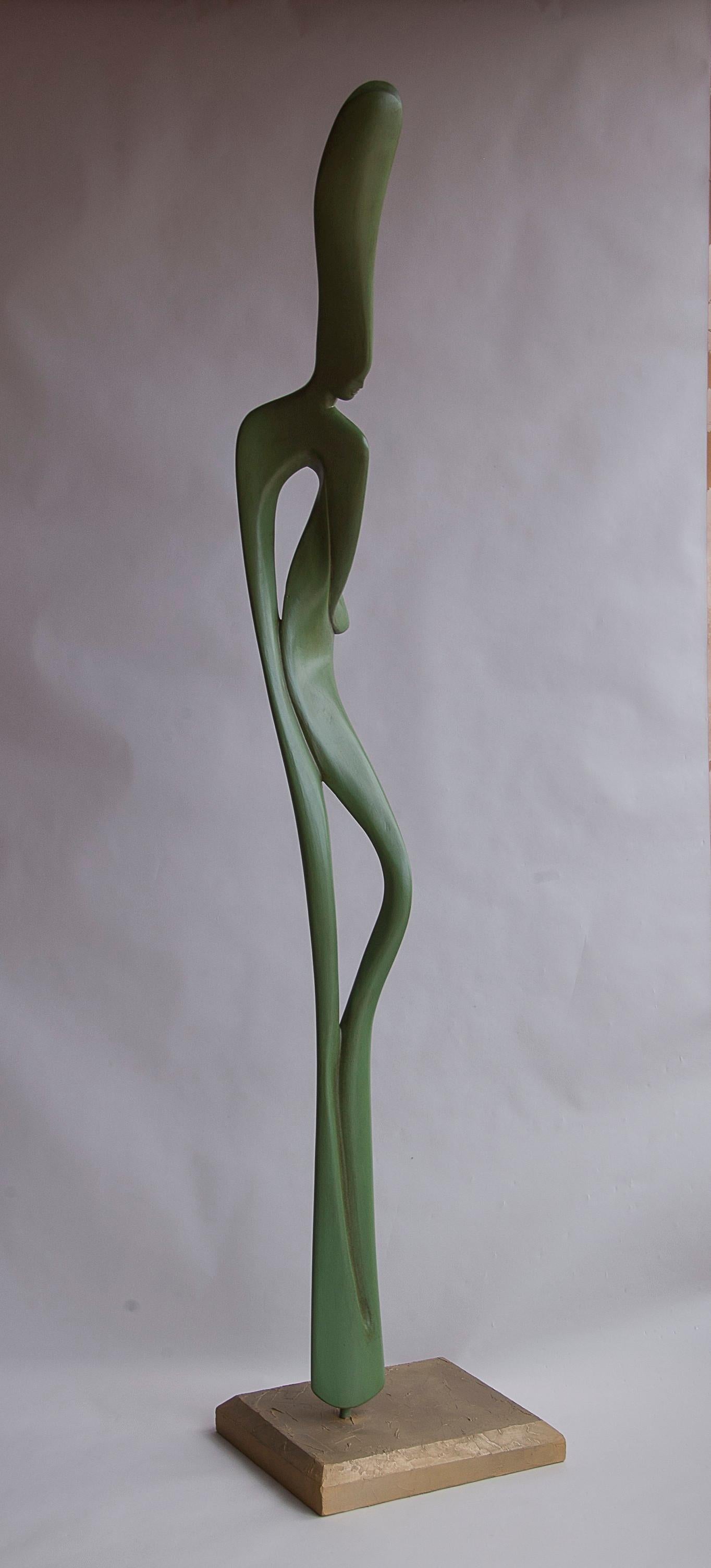 Liana, Green Sensual Slender Oak Wood Figurative Abstract Sculpture 1
