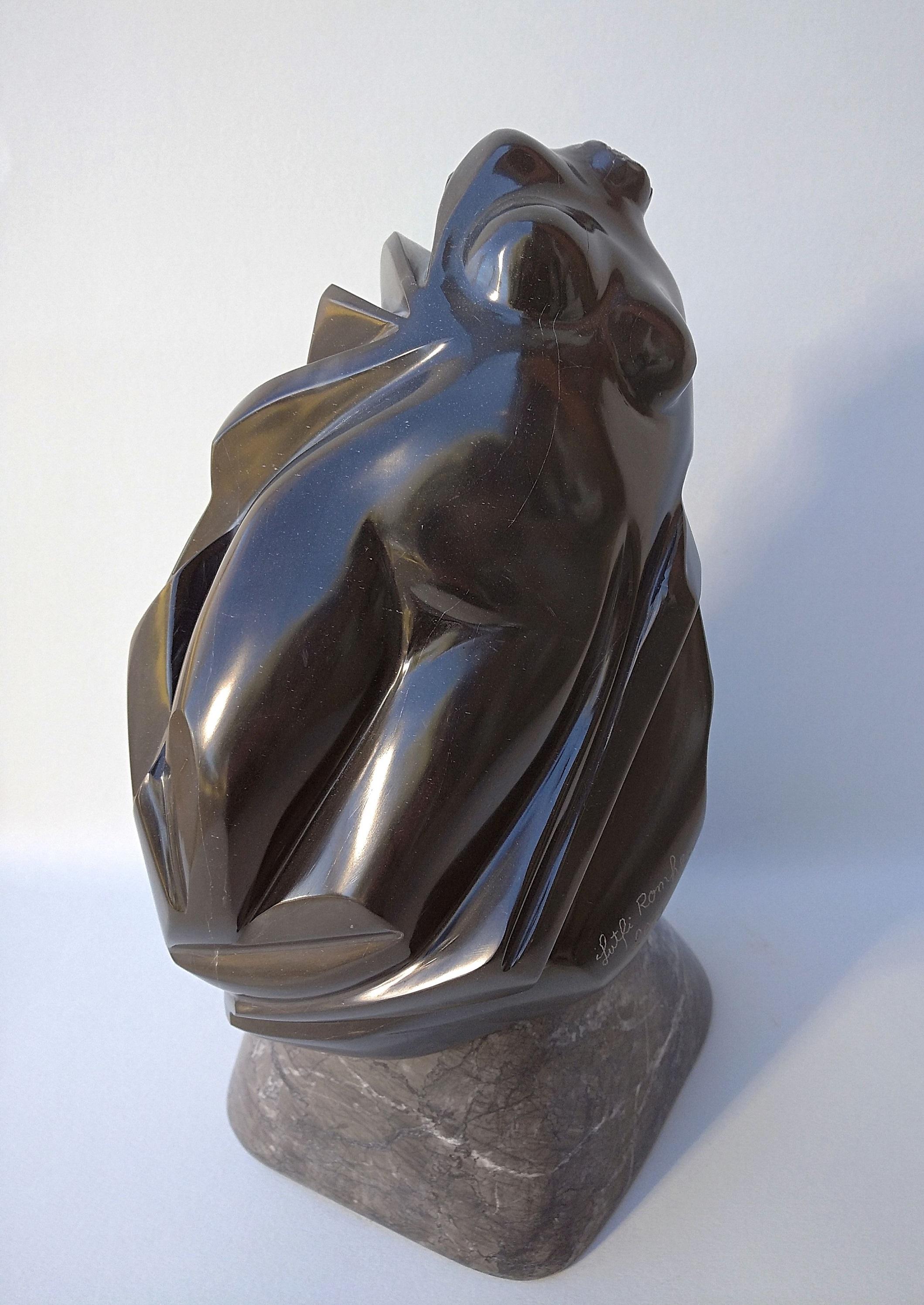 "Buste Emporté", Sensual Black Marble Nude Female Bust Figurative Sculpture 