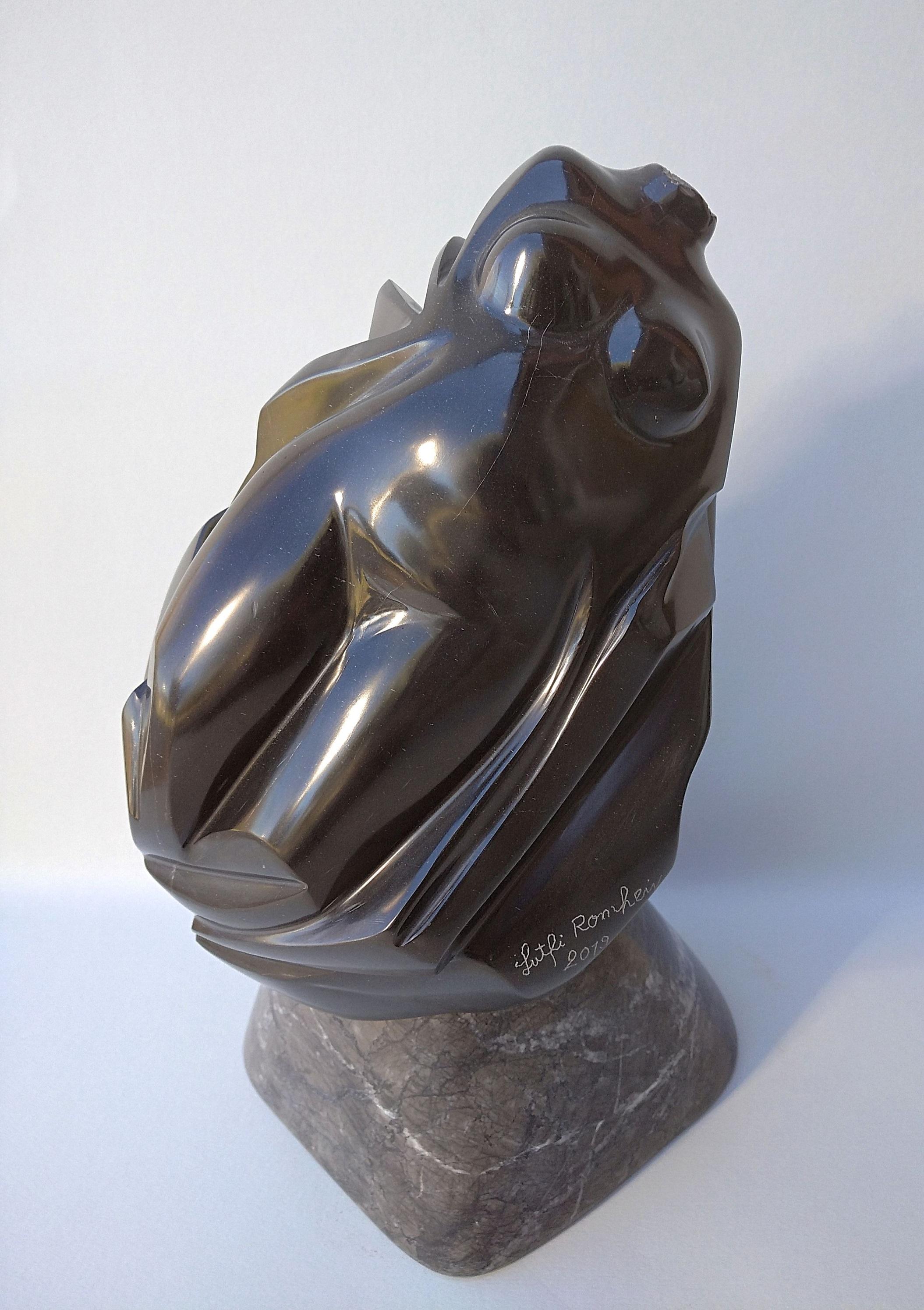 Diese figurative Skulptur von Lutfi Romhein zeigt eine weibliche Aktbüste aus schwarzem belgischem Marmor auf einem grauen Marmorsockel. Es hat eine sehr feine Maserung, die für einen wirklich weichen Griff sorgt. Der hochglanzpolierte schwarze