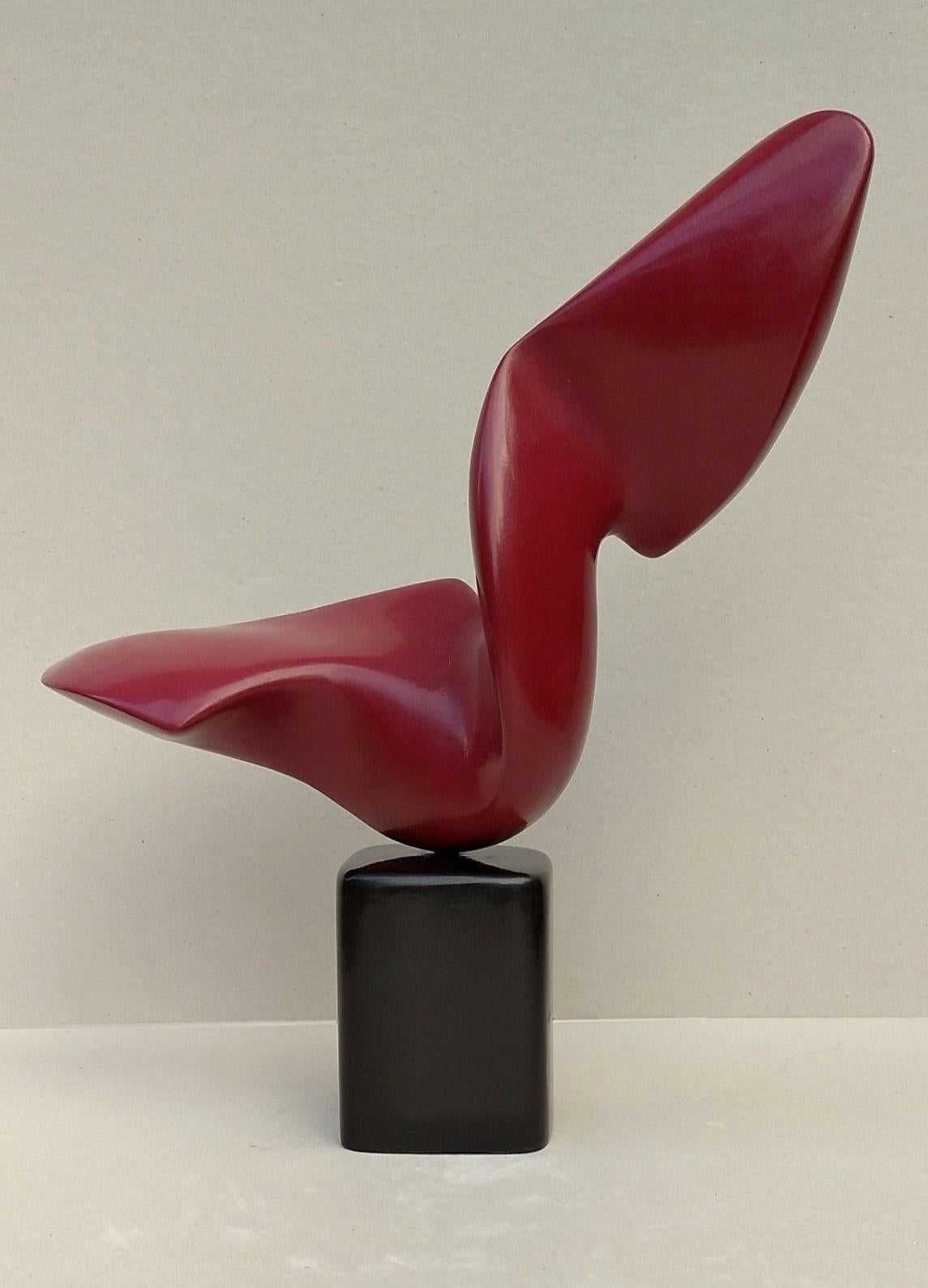 Lutfi Romhein Abstract Sculpture – Abstract Bird ,  Sensual Pure Lines Oak Wood Sculpture in Red
