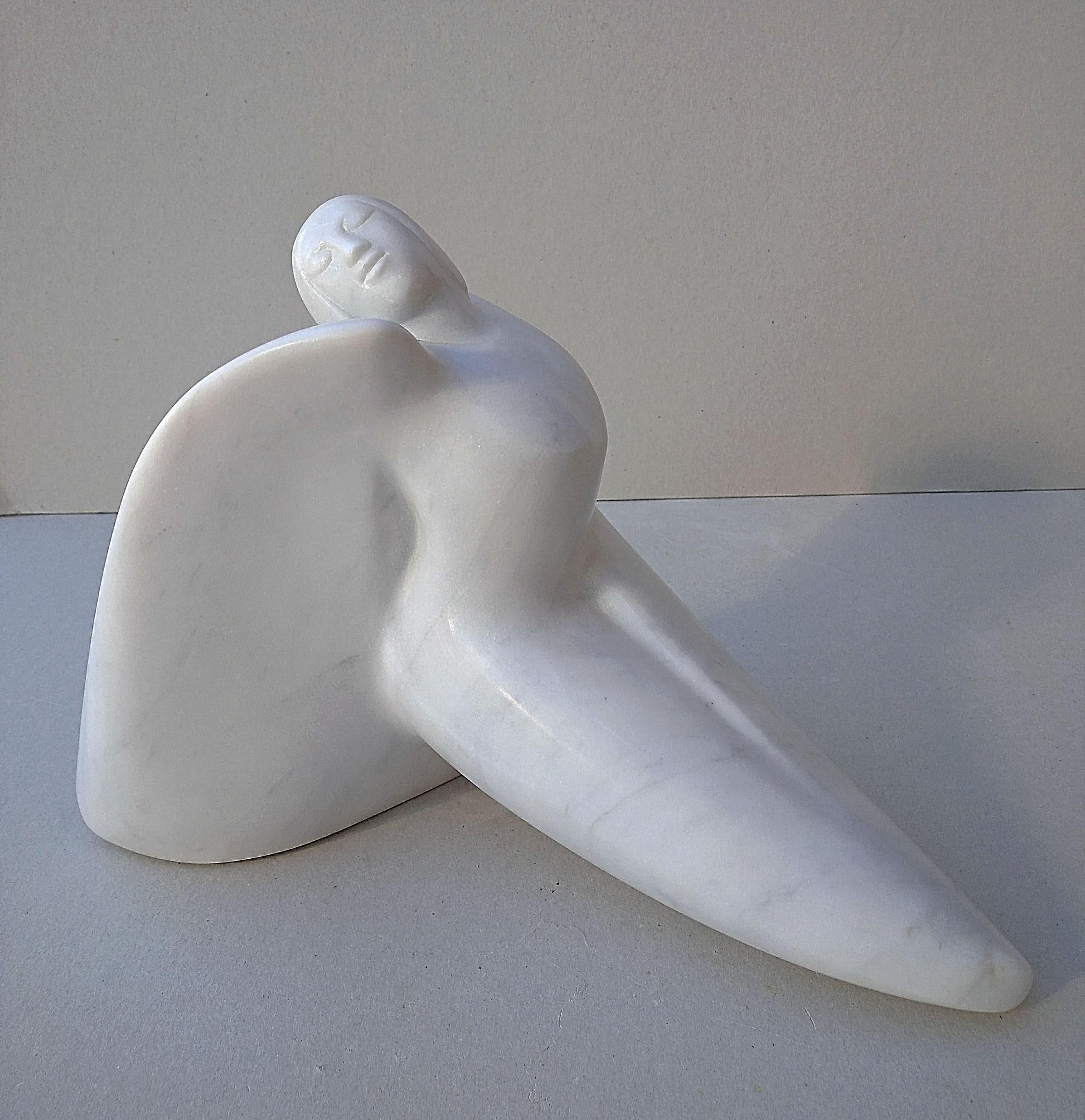 Paloma, Figurative Winged Woman Sensual White Carrara Statuary Marble Sculpture 3