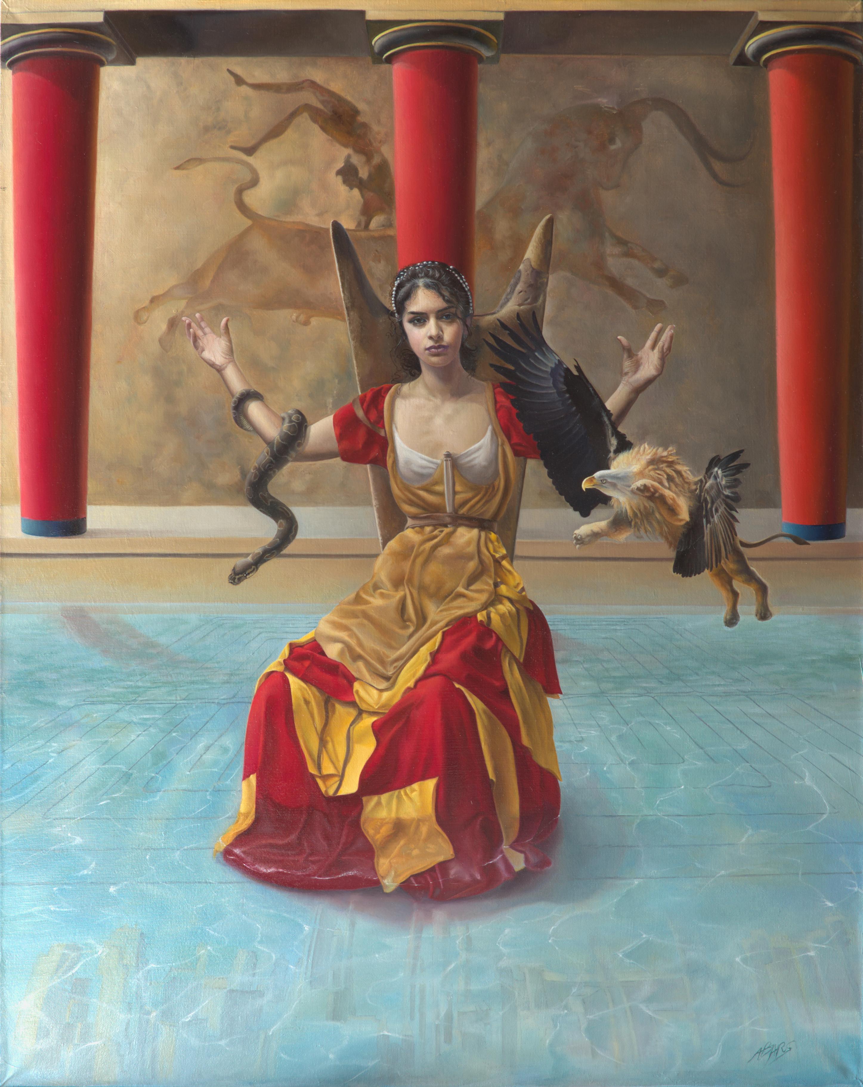 Andrée Bars Figurative Painting - Atlantis, Young Woman Standing on a Throne in Water Symbolist Oil Painting