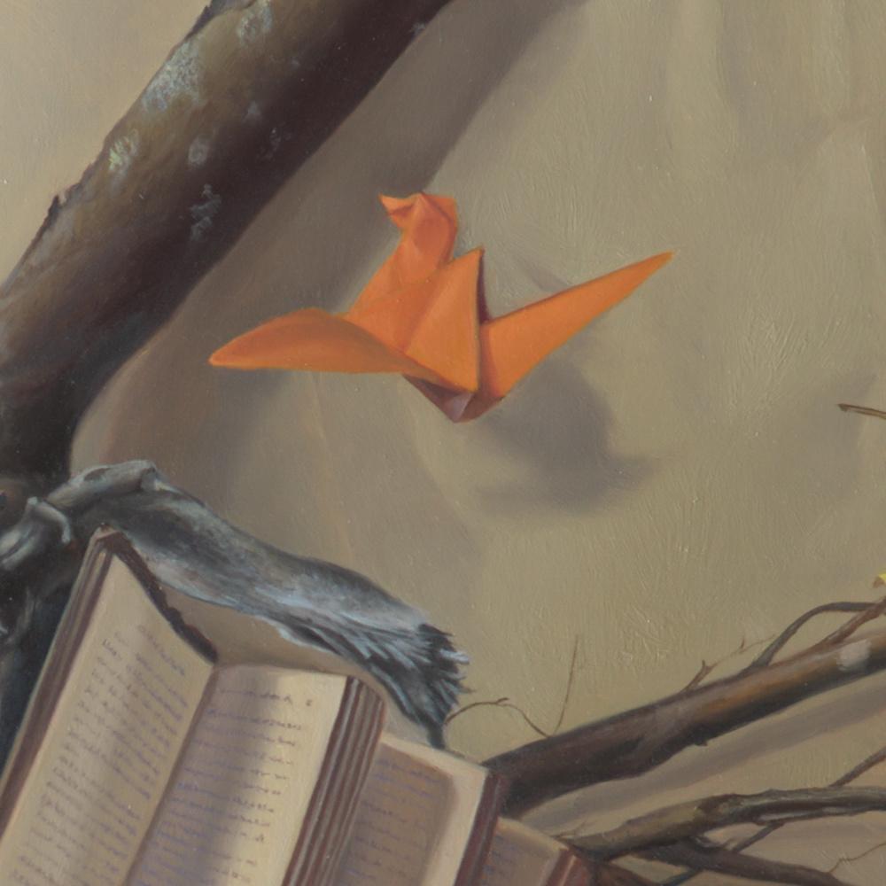 “Knowledge Root”, with Rainbow Colors Origami Cranes, Symbolism Oil Painting - Brown Still-Life Painting by Andrée Bars