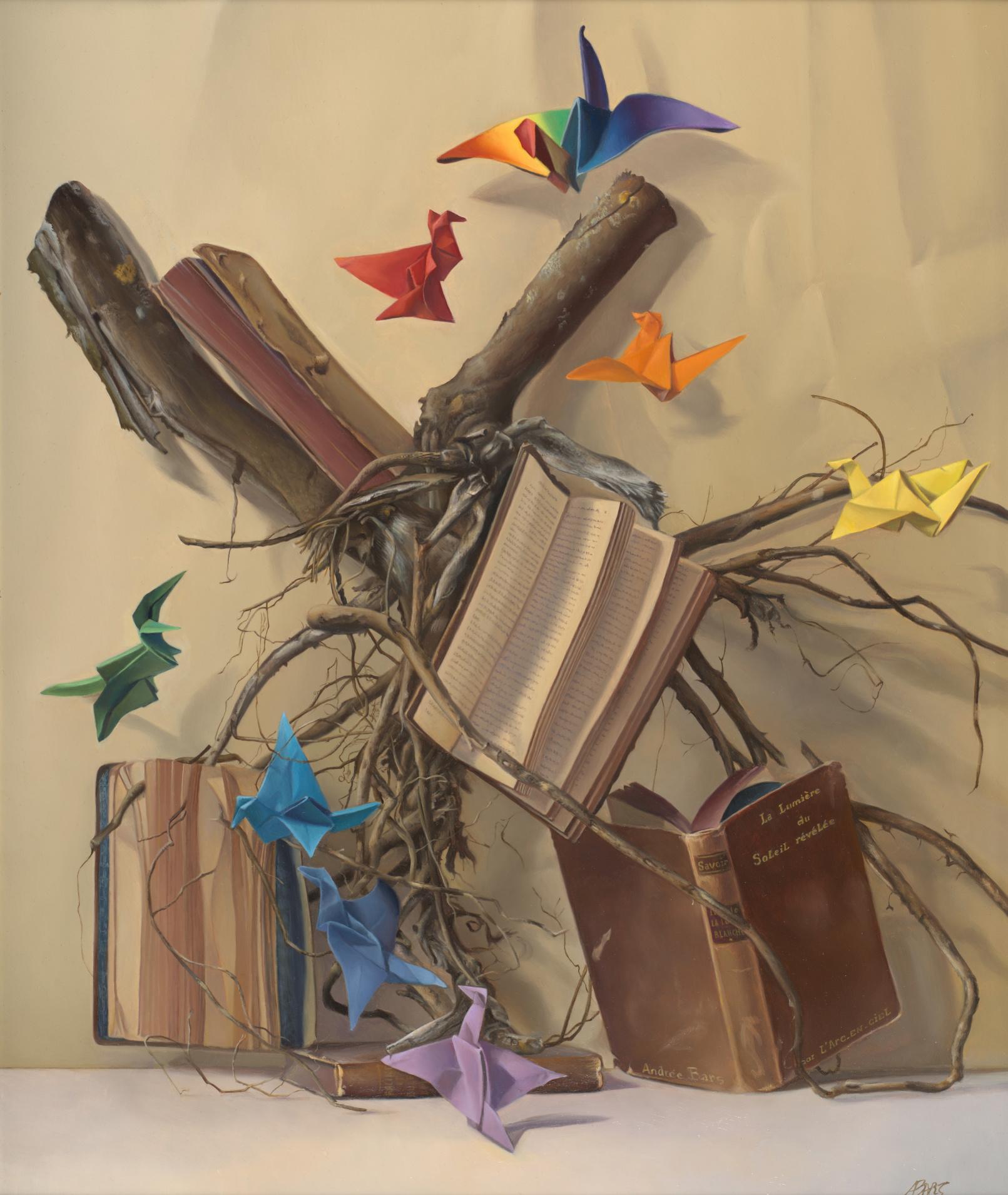 Andrée Bars Still-Life Painting - “Knowledge Root”, with Rainbow Colors Origami Cranes, Symbolism Oil Painting