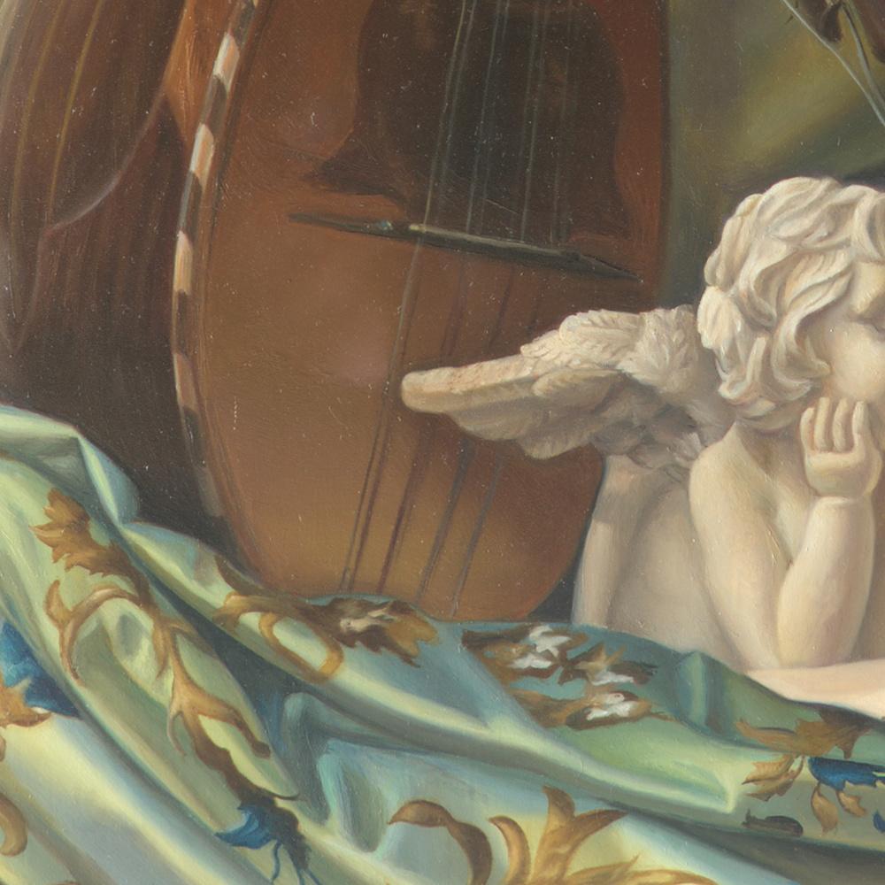 “Core Target”, Violin and Mandolin Music for Love Angle, Symbolism Oil Painting - Brown Still-Life Painting by Andrée Bars