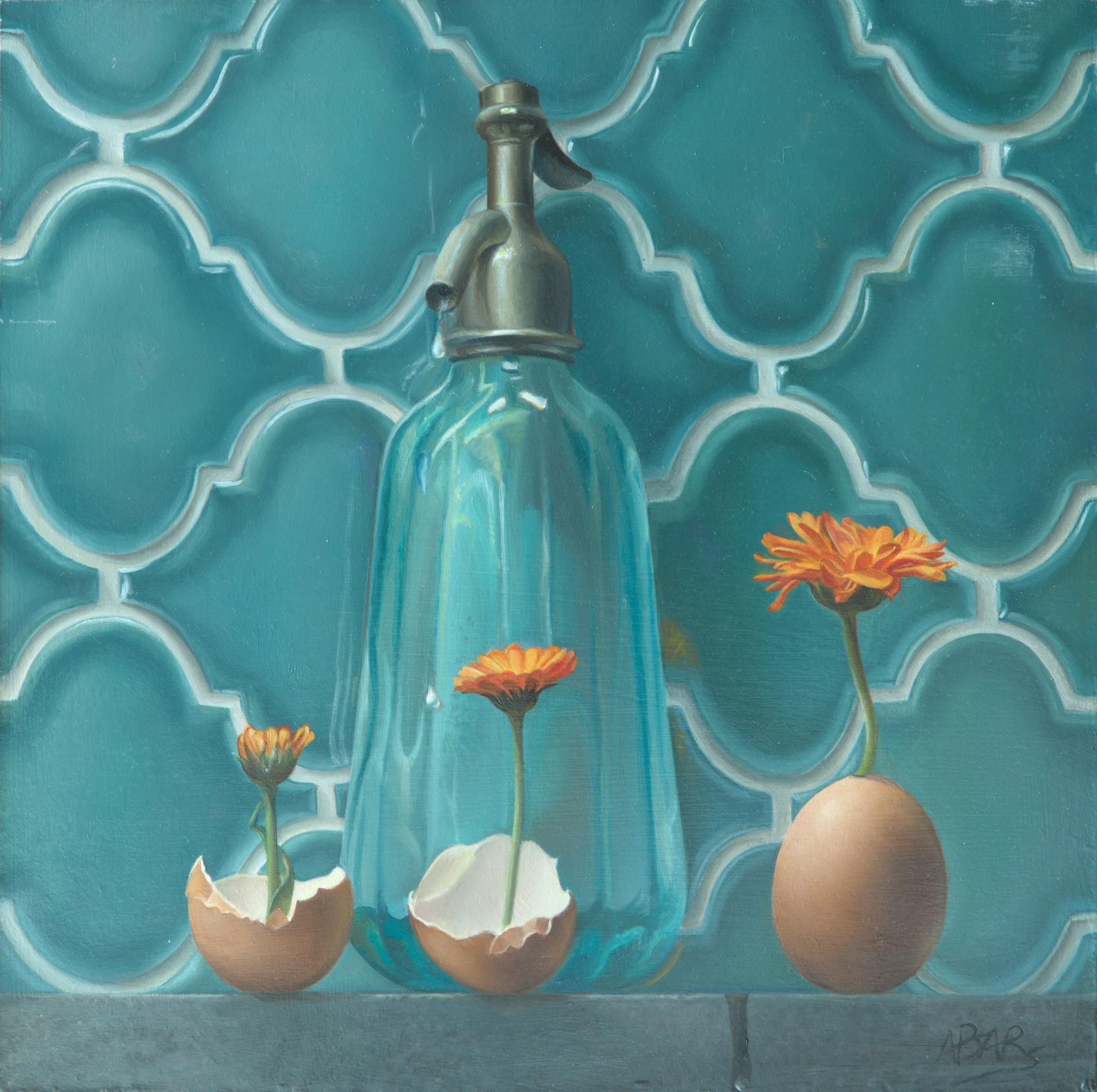 Andrée Bars Figurative Painting - “Life”, of Transparent Water Carafe, Flowers and Eggs,  Symbolism Oil Painting
