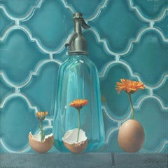 Life, de Carafe à eau transparente, fleurs et œufs,  Peinture à l'huile - Symbolisme