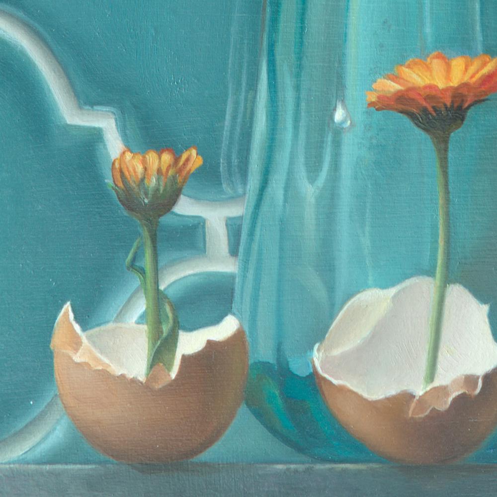 “Life”, of Transparent Water Carafe, Flowers and Eggs,  Symbolism Oil Painting - Gray Figurative Painting by Andrée Bars