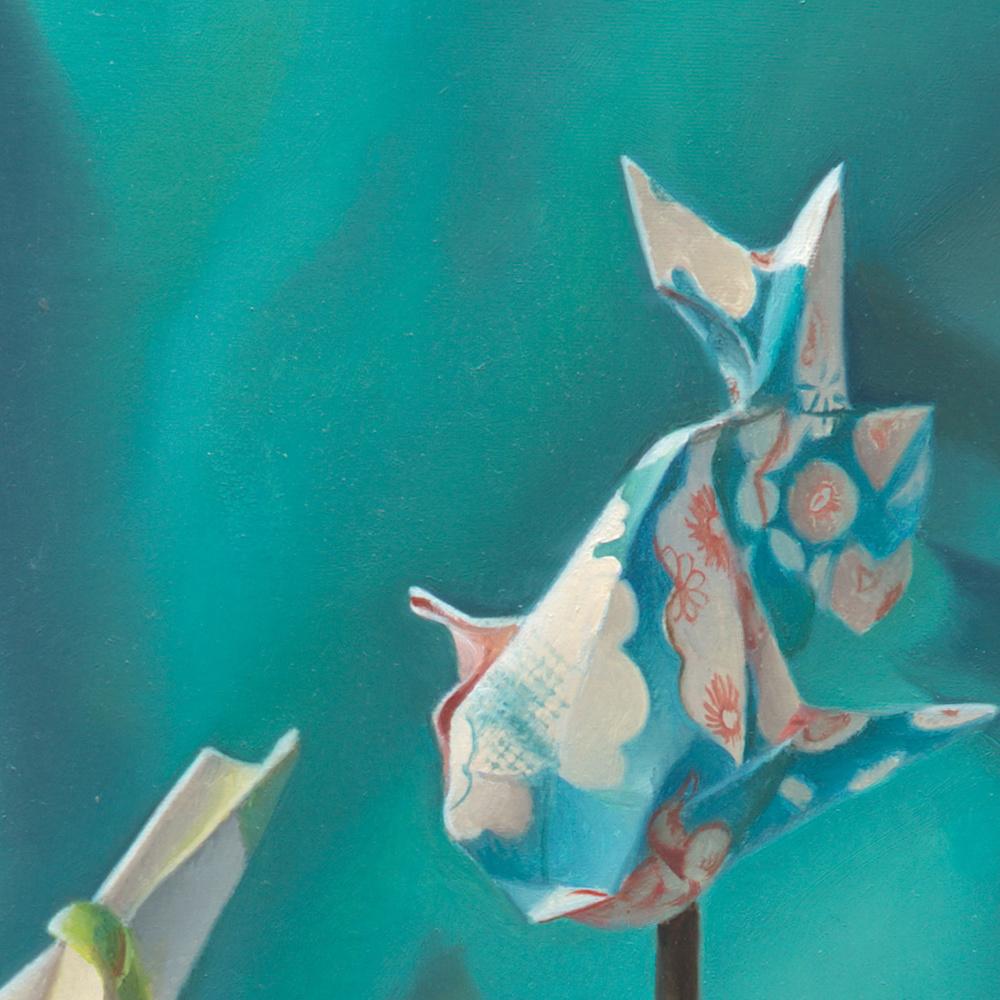 “Imaginary Museum of Origami Fishes”, Symbolism Oil Painting for Child’s Room - Blue Still-Life Painting by Andrée Bars