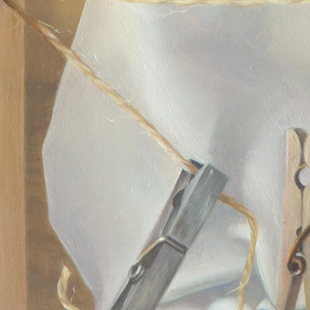 “The Tightrope Walkers”, Clothes Pins’ Performance, Symbolist Oil Painting - Beige Figurative Painting by Andrée Bars
