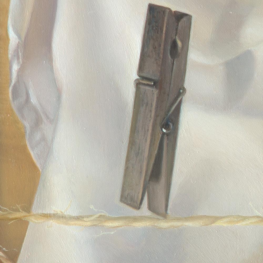 In this symbolist oil painting by Andrée Bars, clothes pins symbolize humans: two tightrope walkers being admired by the crowd, among whom there are children and all kinds of “people”. Alone in a corner is a member of the tribe who strives to