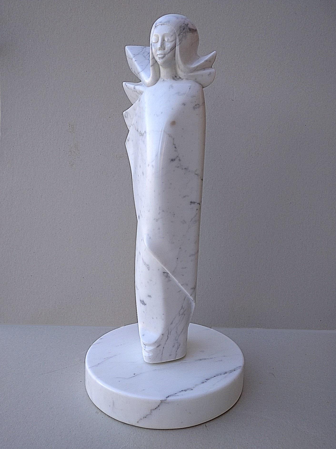 Angel, White Carrara Marble Stone Vertical Figurative Sculpture
