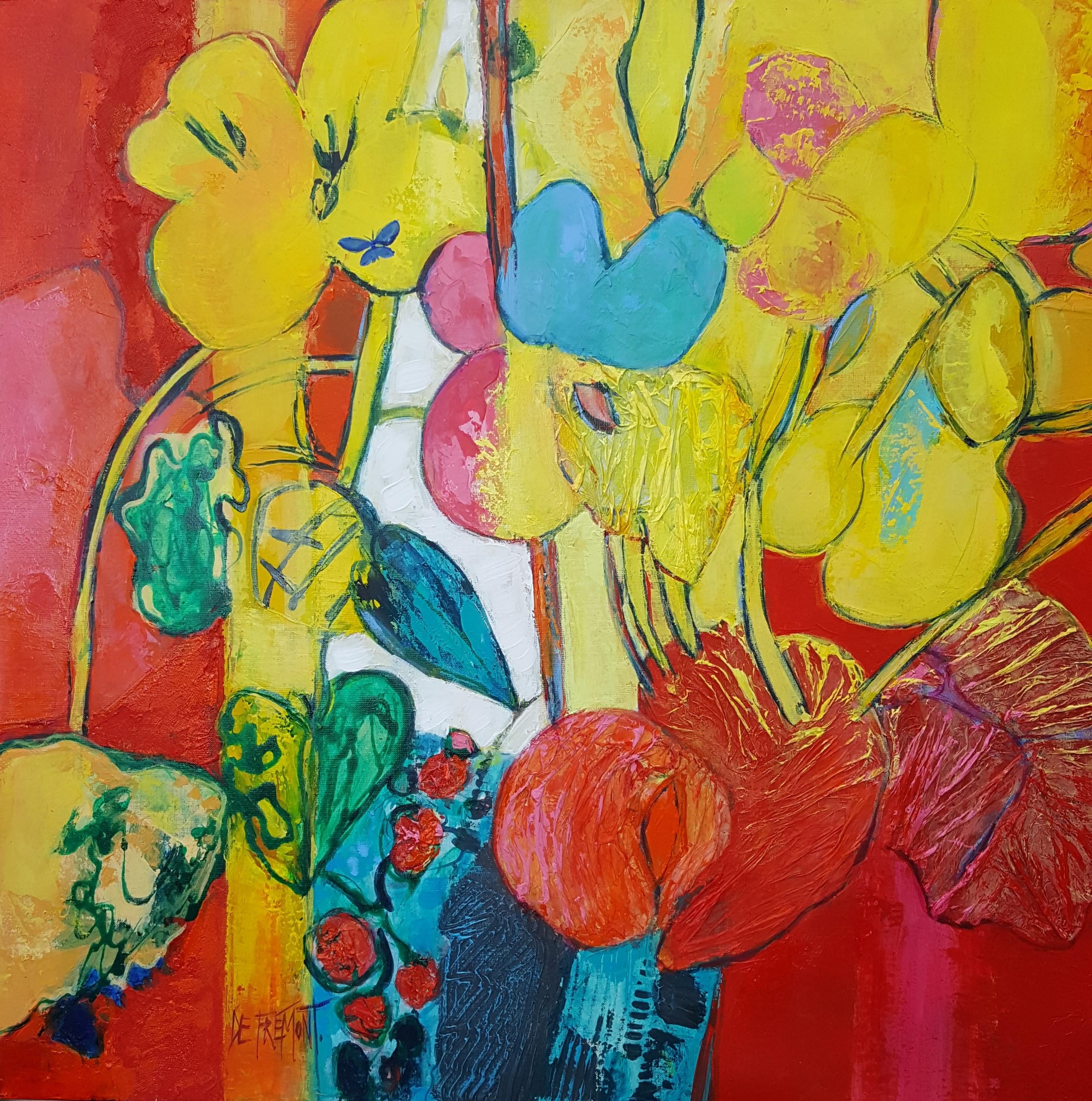 Figurative Painting de Andrée de Frémont - "Flamboyant", Pintura de Armonía Calma con Blanco, Imperial y Amarillo Imperioso