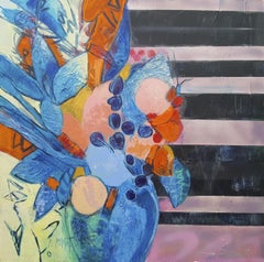"Verano Indio", Ramo de Técnica Mixta en Azul, Naranja Extinto y Amarillo Nápoles