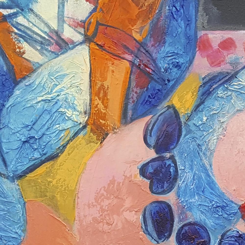 « Indian Summer », bouquet de techniques mixtes en bleu, orange vieilli et jaune de Naples - Gris Figurative Painting par Andrée de Frémont