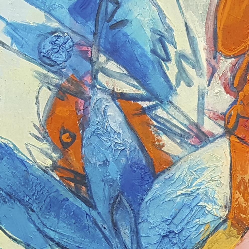 « Indian Summer », bouquet de techniques mixtes en bleu, orange vieilli et jaune de Naples en vente 9