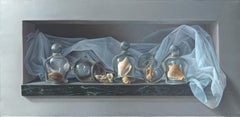 “Water Bubbles”, Sea Shells under Blue Transparent Veil, Symbolist Oil Painting