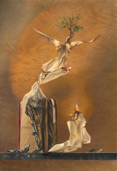"La fenice", libro che brucia, aquila di carta, pittura ad olio simbolista
