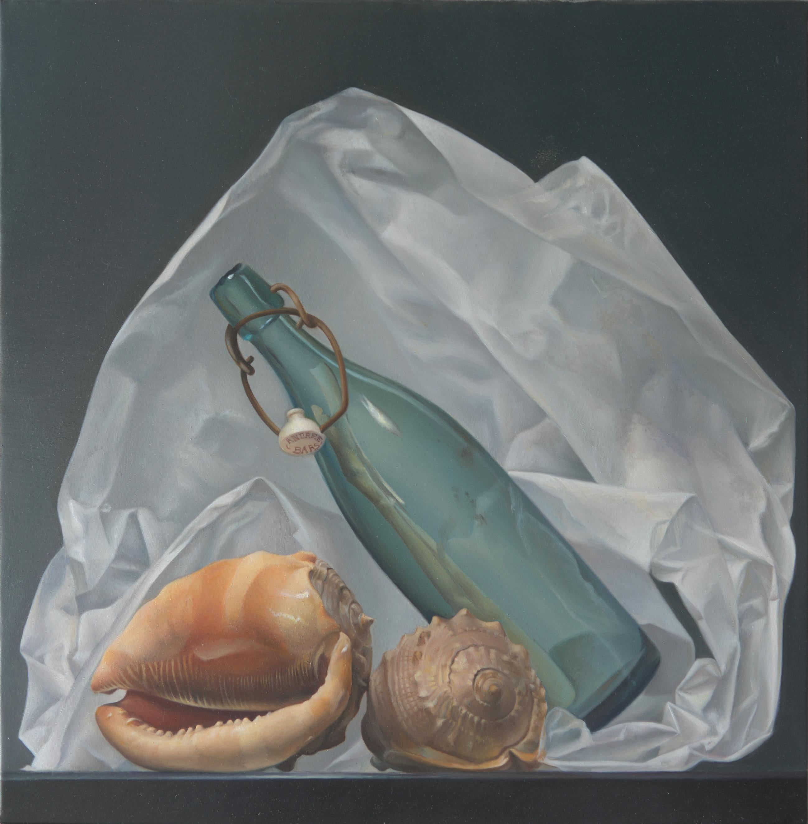 Andrée Bars Figurative Painting - “A Bottle in the Sea”,  Symbolist Oil Painting