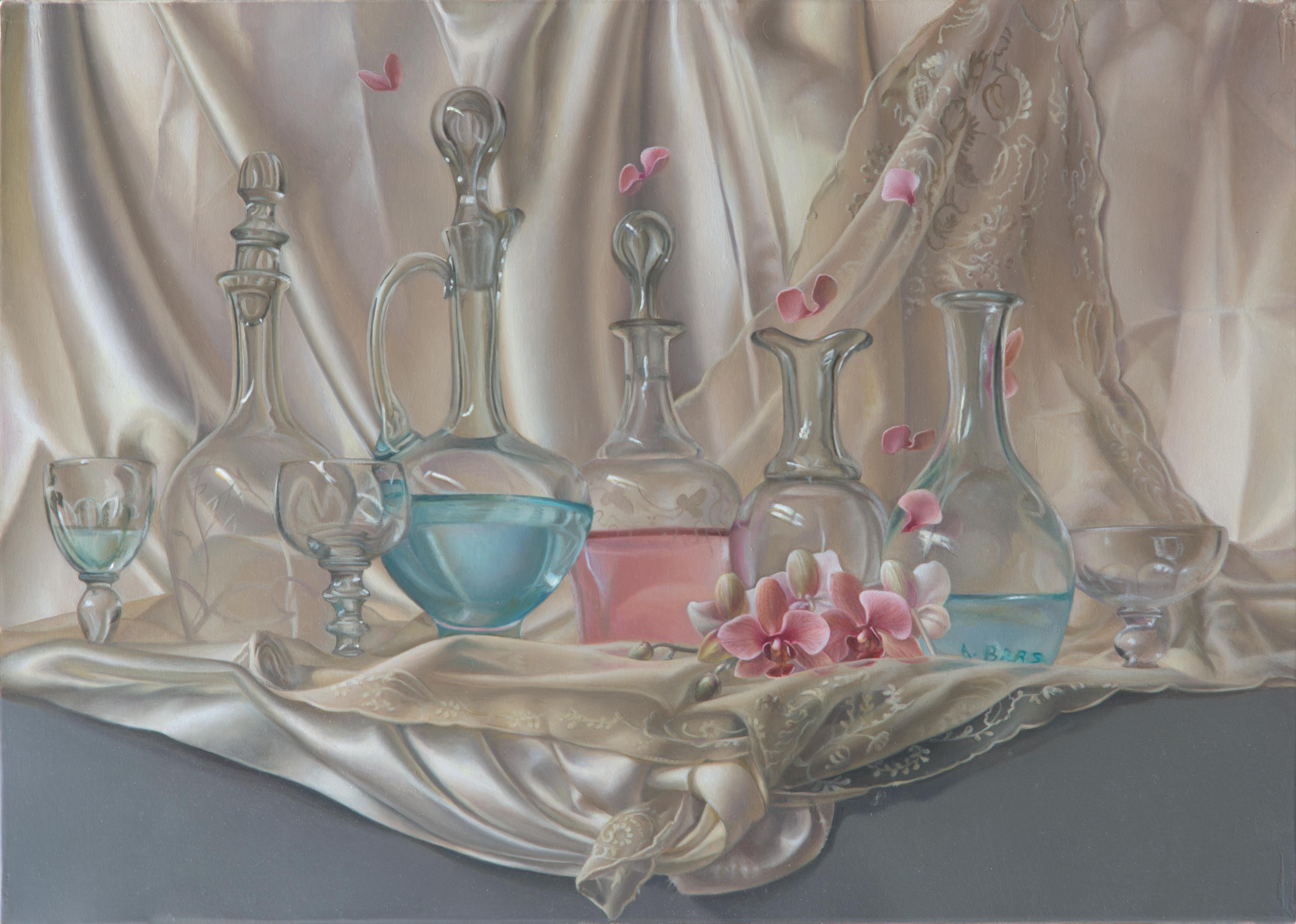 Andrée Bars Still-Life Painting - “Lightness”, Transparent Glassware on Satin Fabric Decor  Symbolist Oil Painting
