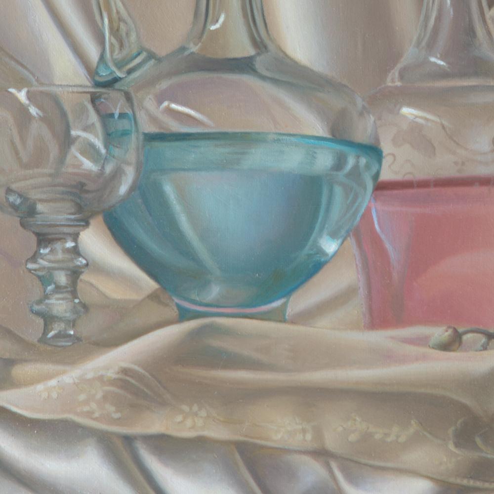 “Lightness”, Transparent Glassware on Satin Fabric Decor  Symbolist Oil Painting 7
