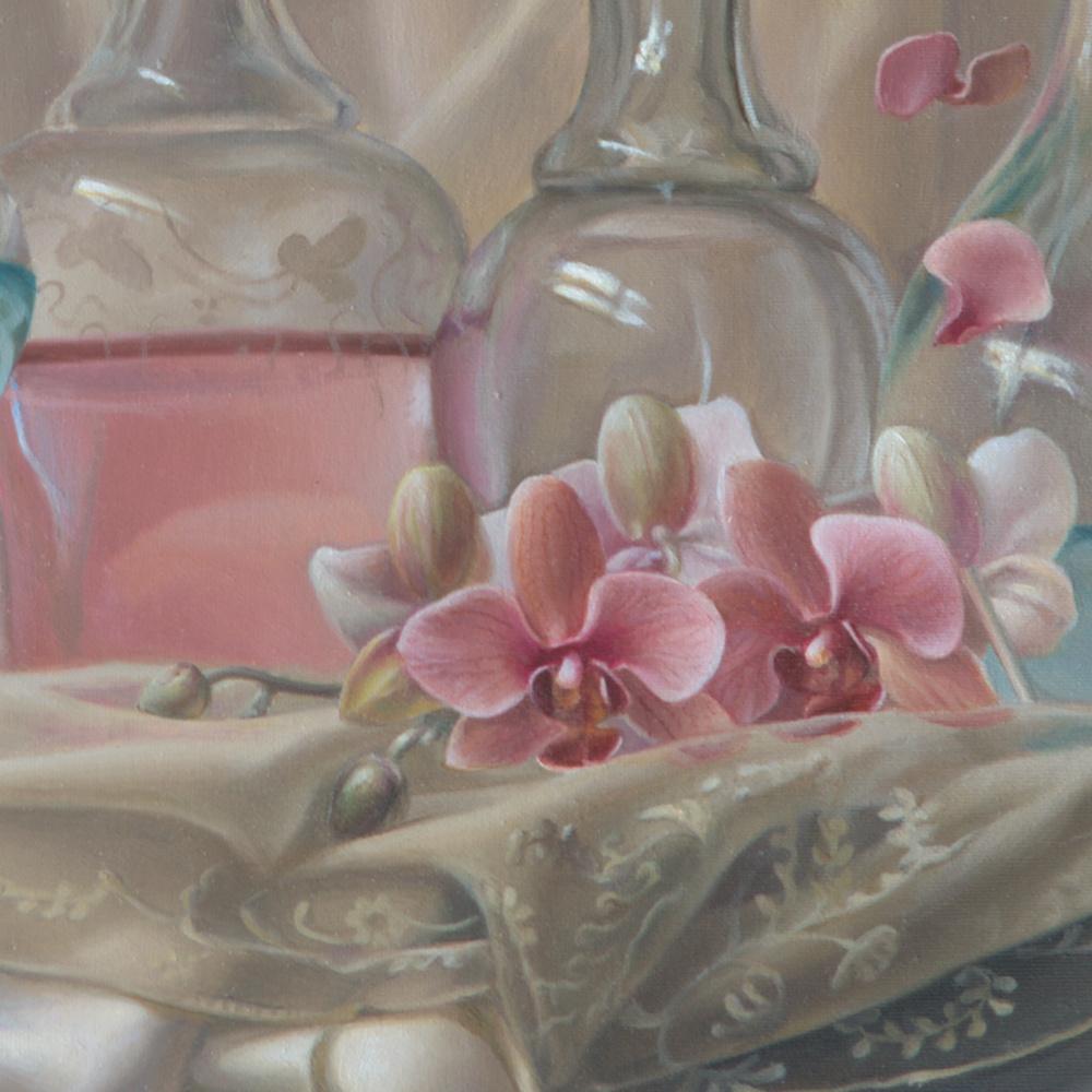 “Lightness”, Transparent Glassware on Satin Fabric Decor  Symbolist Oil Painting 2